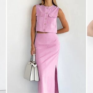 Commense Pink Two-Piece Sleeveless Crop Top and High-Slit Skirt Set